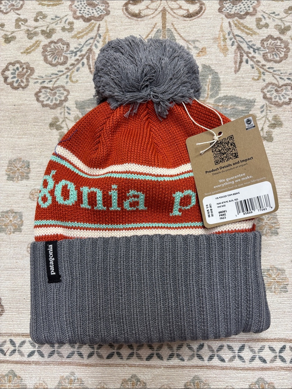 Patagonia Kids Powder town Beanie — Rust Orange & Gray